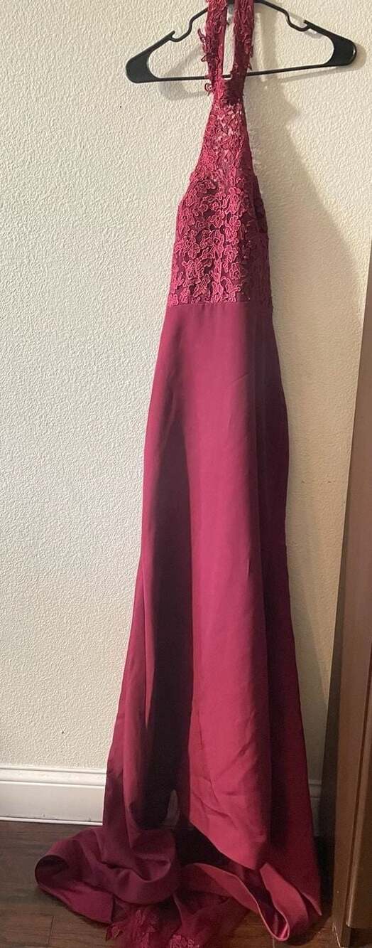 Missacc SBD10505 Burgundy Halter Lace Satin Mermaid Long Prom Dress Size US 6 - Picture 5 of 6